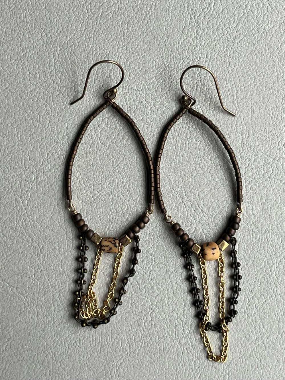 Gold & Brown Beaded Dangle Earrings with Chain Fringe